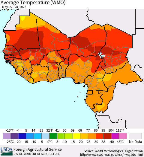 Western Africa Average Temperature (WMO) Thematic Map For 5/22/2023 - 5/28/2023
