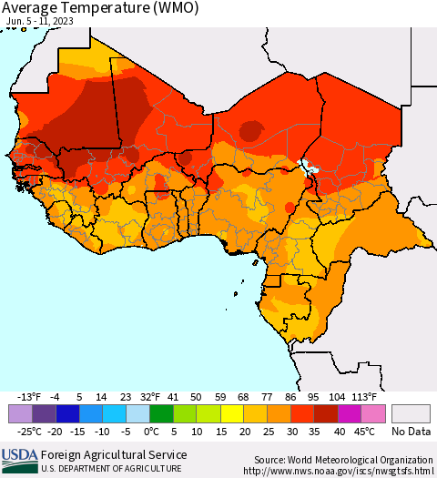 Western Africa Average Temperature (WMO) Thematic Map For 6/5/2023 - 6/11/2023