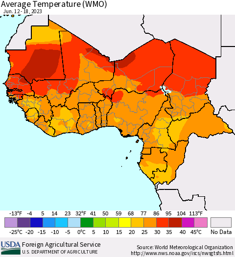 Western Africa Average Temperature (WMO) Thematic Map For 6/12/2023 - 6/18/2023