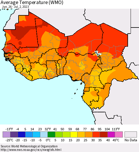 Western Africa Average Temperature (WMO) Thematic Map For 6/26/2023 - 7/2/2023