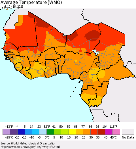 Western Africa Average Temperature (WMO) Thematic Map For 7/10/2023 - 7/16/2023