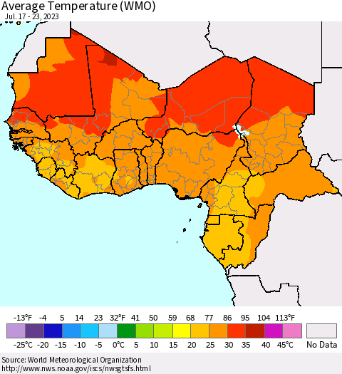 Western Africa Average Temperature (WMO) Thematic Map For 7/17/2023 - 7/23/2023