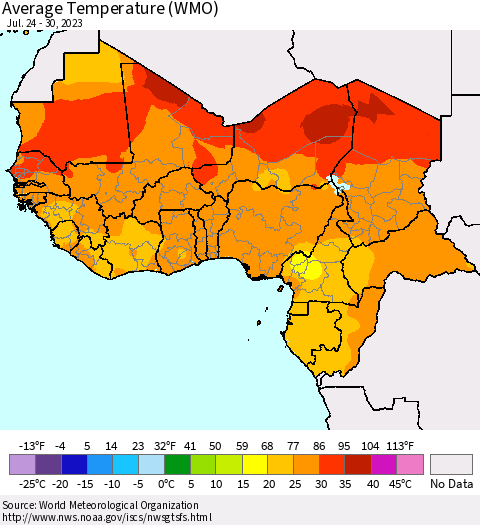 Western Africa Average Temperature (WMO) Thematic Map For 7/24/2023 - 7/30/2023