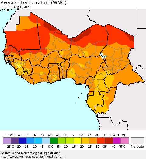 Western Africa Average Temperature (WMO) Thematic Map For 7/31/2023 - 8/6/2023