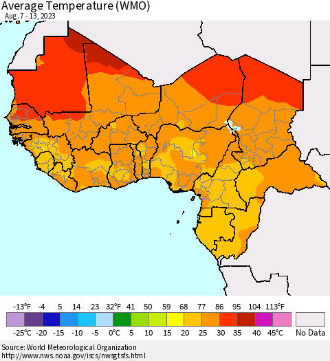 Western Africa Average Temperature (WMO) Thematic Map For 8/7/2023 - 8/13/2023