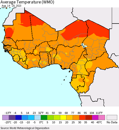Western Africa Average Temperature (WMO) Thematic Map For 8/14/2023 - 8/20/2023