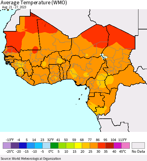Western Africa Average Temperature (WMO) Thematic Map For 8/21/2023 - 8/27/2023