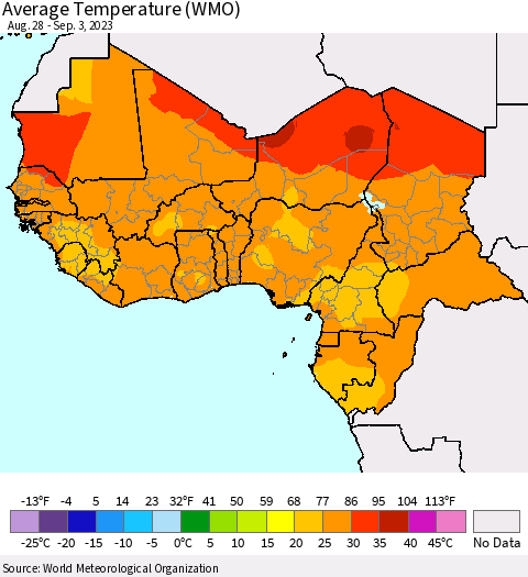 Western Africa Average Temperature (WMO) Thematic Map For 8/28/2023 - 9/3/2023