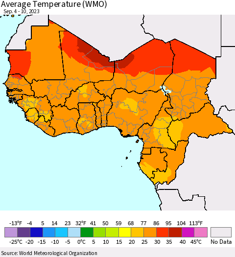 Western Africa Average Temperature (WMO) Thematic Map For 9/4/2023 - 9/10/2023