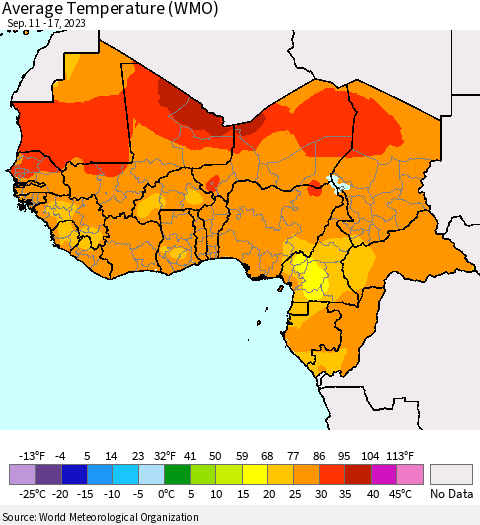 Western Africa Average Temperature (WMO) Thematic Map For 9/11/2023 - 9/17/2023