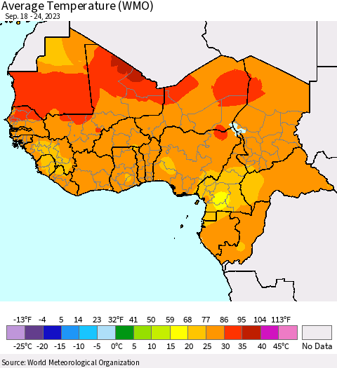 Western Africa Average Temperature (WMO) Thematic Map For 9/18/2023 - 9/24/2023
