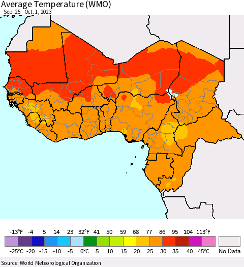 Western Africa Average Temperature (WMO) Thematic Map For 9/25/2023 - 10/1/2023