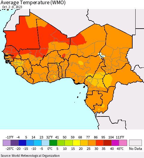 Western Africa Average Temperature (WMO) Thematic Map For 10/2/2023 - 10/8/2023