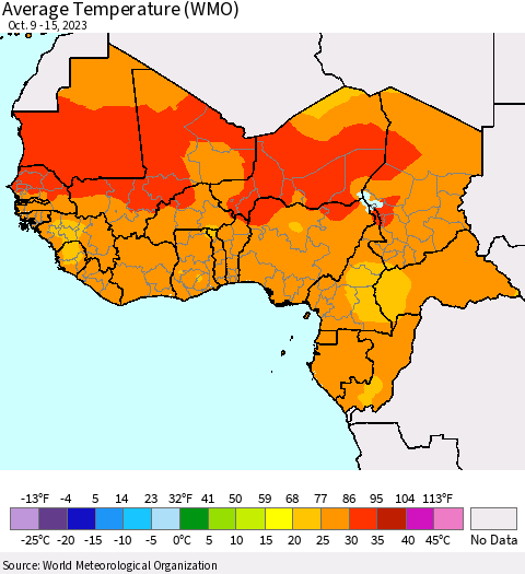 Western Africa Average Temperature (WMO) Thematic Map For 10/9/2023 - 10/15/2023