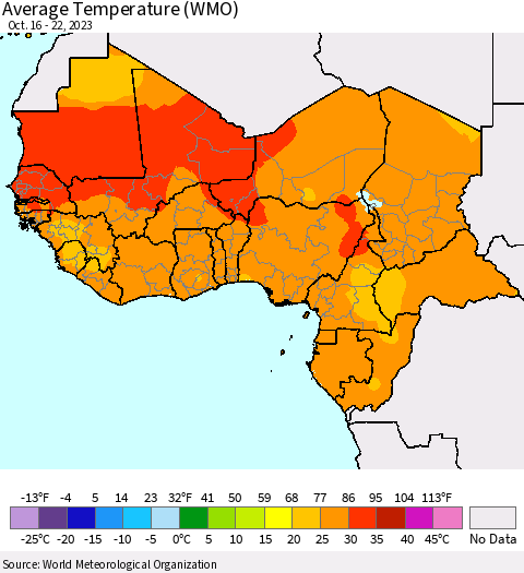 Western Africa Average Temperature (WMO) Thematic Map For 10/16/2023 - 10/22/2023