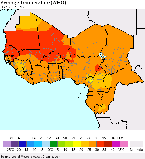 Western Africa Average Temperature (WMO) Thematic Map For 10/23/2023 - 10/29/2023