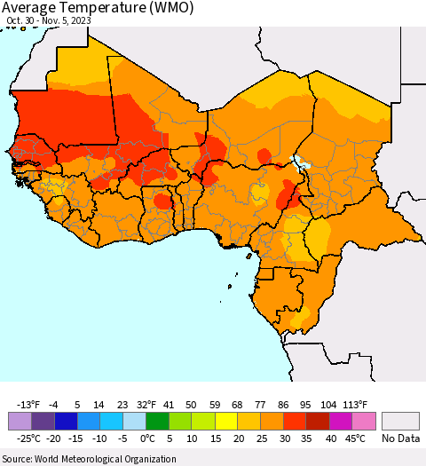 Western Africa Average Temperature (WMO) Thematic Map For 10/30/2023 - 11/5/2023