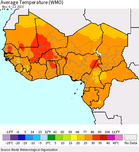 Western Africa Average Temperature (WMO) Thematic Map For 11/6/2023 - 11/12/2023