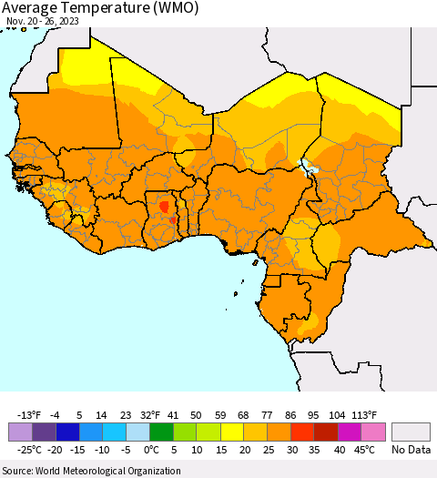 Western Africa Average Temperature (WMO) Thematic Map For 11/20/2023 - 11/26/2023