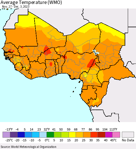 Western Africa Average Temperature (WMO) Thematic Map For 11/27/2023 - 12/3/2023