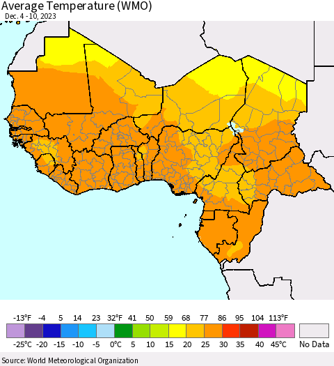 Western Africa Average Temperature (WMO) Thematic Map For 12/4/2023 - 12/10/2023
