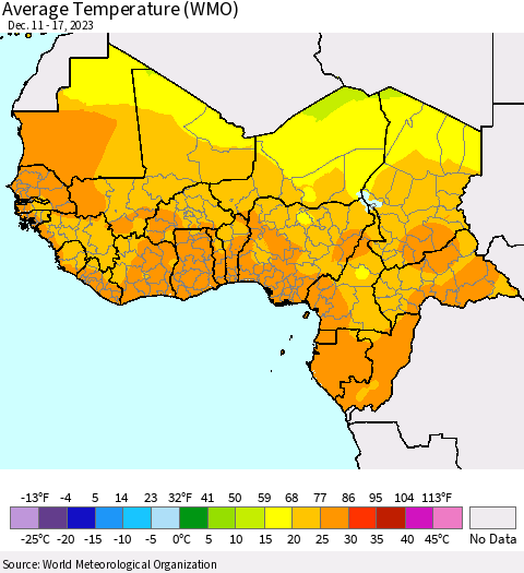 Western Africa Average Temperature (WMO) Thematic Map For 12/11/2023 - 12/17/2023