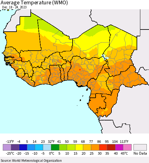 Western Africa Average Temperature (WMO) Thematic Map For 12/18/2023 - 12/24/2023