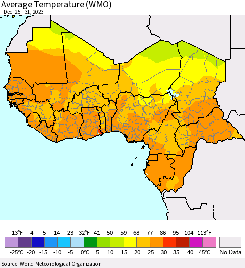 Western Africa Average Temperature (WMO) Thematic Map For 12/25/2023 - 12/31/2023