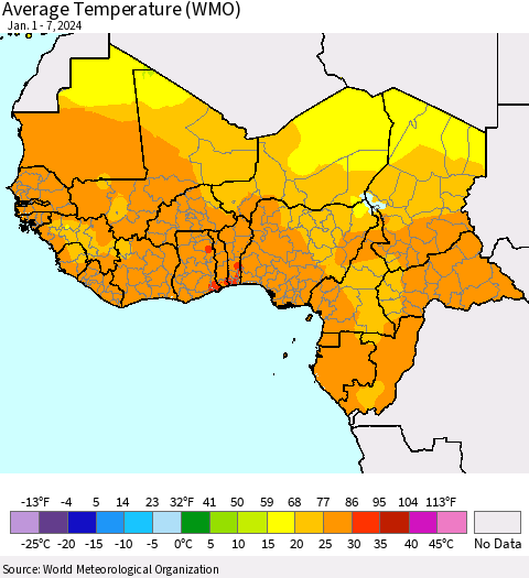 Western Africa Average Temperature (WMO) Thematic Map For 1/1/2024 - 1/7/2024
