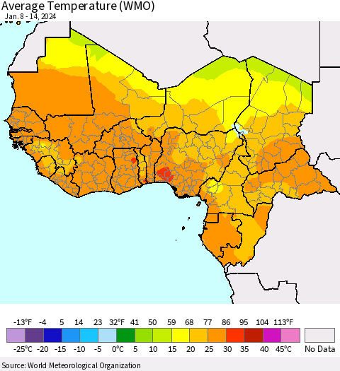 Western Africa Average Temperature (WMO) Thematic Map For 1/8/2024 - 1/14/2024