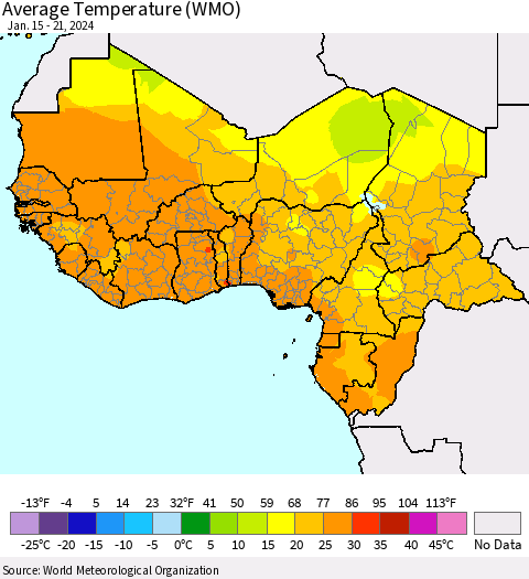 Western Africa Average Temperature (WMO) Thematic Map For 1/15/2024 - 1/21/2024