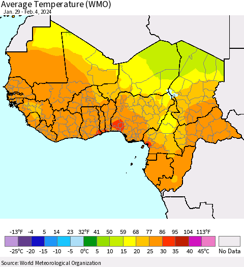 Western Africa Average Temperature (WMO) Thematic Map For 1/29/2024 - 2/4/2024