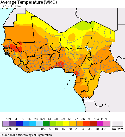 Western Africa Average Temperature (WMO) Thematic Map For 2/5/2024 - 2/11/2024