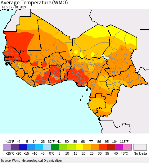 Western Africa Average Temperature (WMO) Thematic Map For 2/12/2024 - 2/18/2024