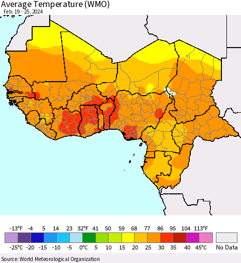 Western Africa Average Temperature (WMO) Thematic Map For 2/19/2024 - 2/25/2024