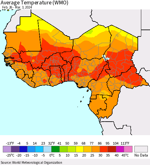 Western Africa Average Temperature (WMO) Thematic Map For 2/26/2024 - 3/3/2024