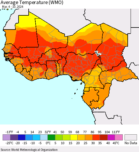 Western Africa Average Temperature (WMO) Thematic Map For 3/4/2024 - 3/10/2024