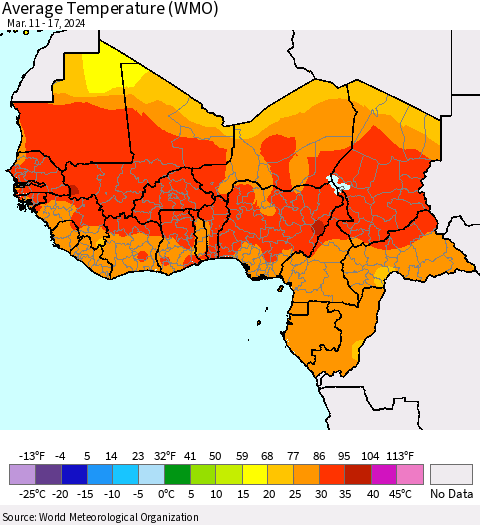 Western Africa Average Temperature (WMO) Thematic Map For 3/11/2024 - 3/17/2024