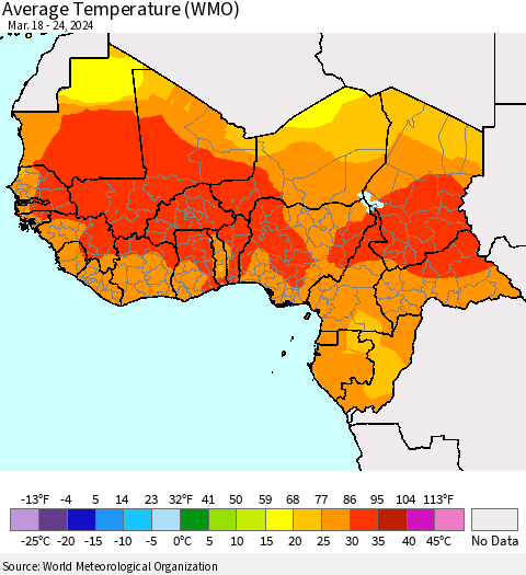 Western Africa Average Temperature (WMO) Thematic Map For 3/18/2024 - 3/24/2024