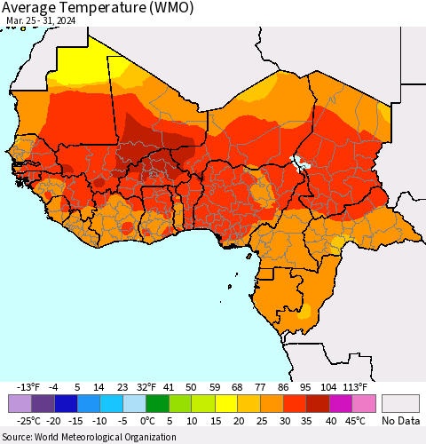 Western Africa Average Temperature (WMO) Thematic Map For 3/25/2024 - 3/31/2024