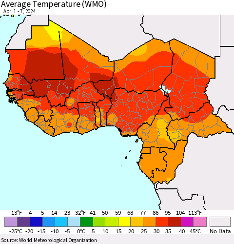 Western Africa Average Temperature (WMO) Thematic Map For 4/1/2024 - 4/7/2024