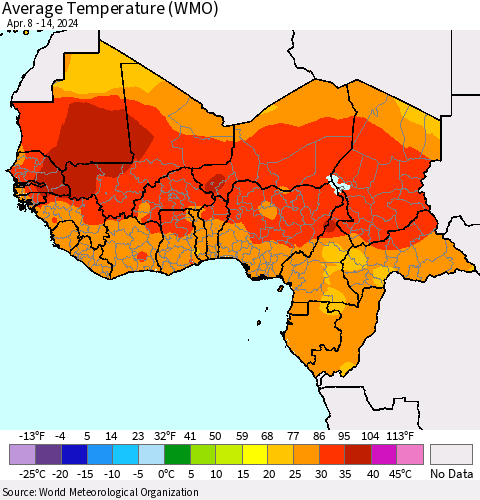 Western Africa Average Temperature (WMO) Thematic Map For 4/8/2024 - 4/14/2024