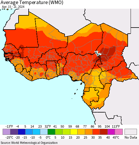 Western Africa Average Temperature (WMO) Thematic Map For 4/15/2024 - 4/21/2024