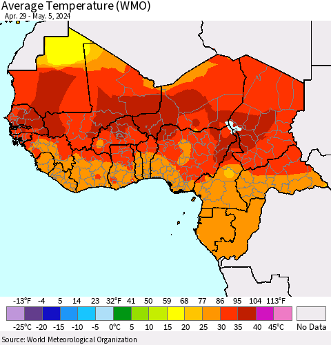 Western Africa Average Temperature (WMO) Thematic Map For 4/29/2024 - 5/5/2024