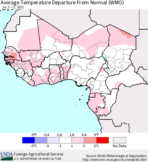 Western Africa Average Temperature Departure from Normal (WMO) Thematic Map For 7/5/2021 - 7/11/2021