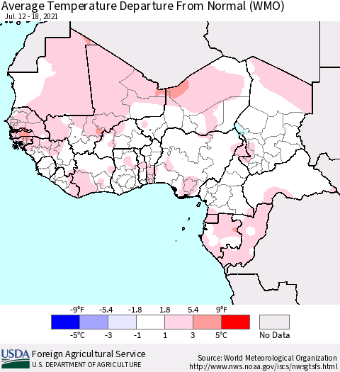 Western Africa Average Temperature Departure from Normal (WMO) Thematic Map For 7/12/2021 - 7/18/2021