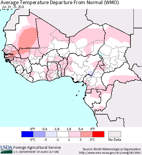 Western Africa Average Temperature Departure from Normal (WMO) Thematic Map For 7/19/2021 - 7/25/2021