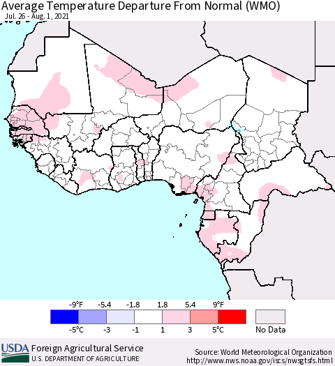 Western Africa Average Temperature Departure from Normal (WMO) Thematic Map For 7/26/2021 - 8/1/2021