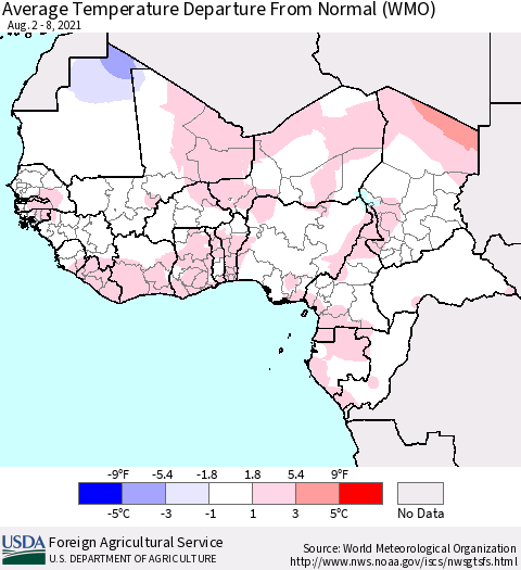 Western Africa Average Temperature Departure from Normal (WMO) Thematic Map For 8/2/2021 - 8/8/2021