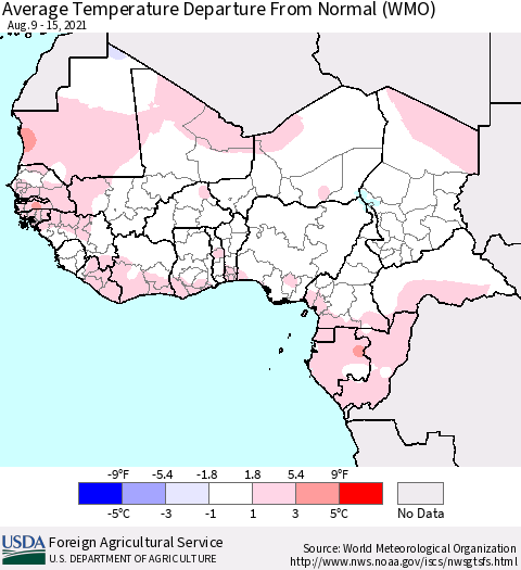 Western Africa Average Temperature Departure from Normal (WMO) Thematic Map For 8/9/2021 - 8/15/2021